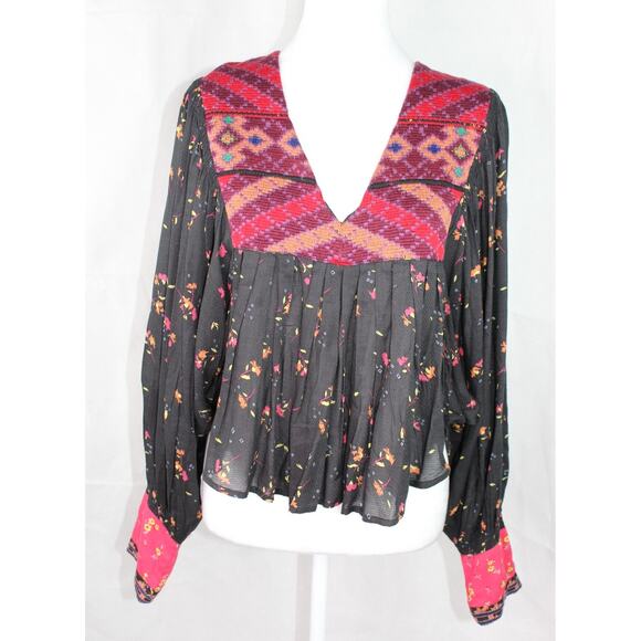 Free People Lady Lou embroidered peasant blouse floral bishop sleeve boho small - Picture 2 of 11